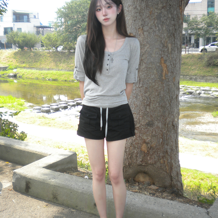 메리 헨리넥 여름 롤업 버튼 7부 반팔 티셔츠 여리핏 버튼 라운드 반팔티 루즈핏 단추 데일리 상의 5color 그레이