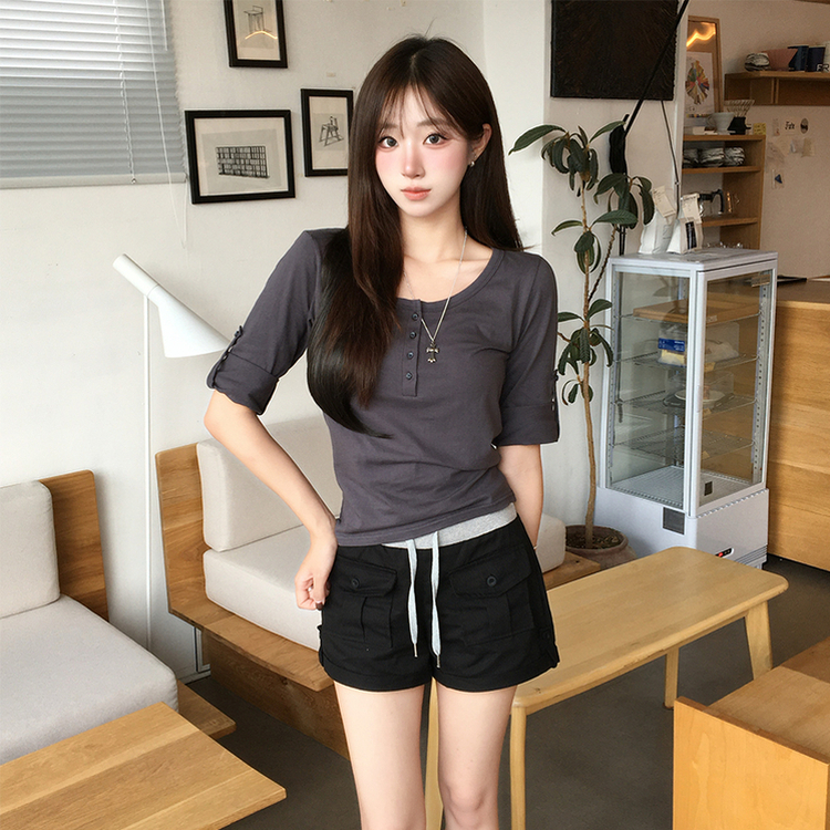 메리 헨리넥 여름 롤업 버튼 7부 반팔 티셔츠 여리핏 버튼 라운드 반팔티 루즈핏 단추 데일리 상의 5color 먹색