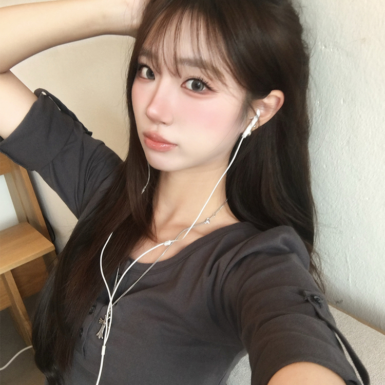 메리 헨리넥 여름 롤업 버튼 7부 반팔 티셔츠 여리핏 버튼 라운드 반팔티 루즈핏 단추 데일리 상의 5color 먹색