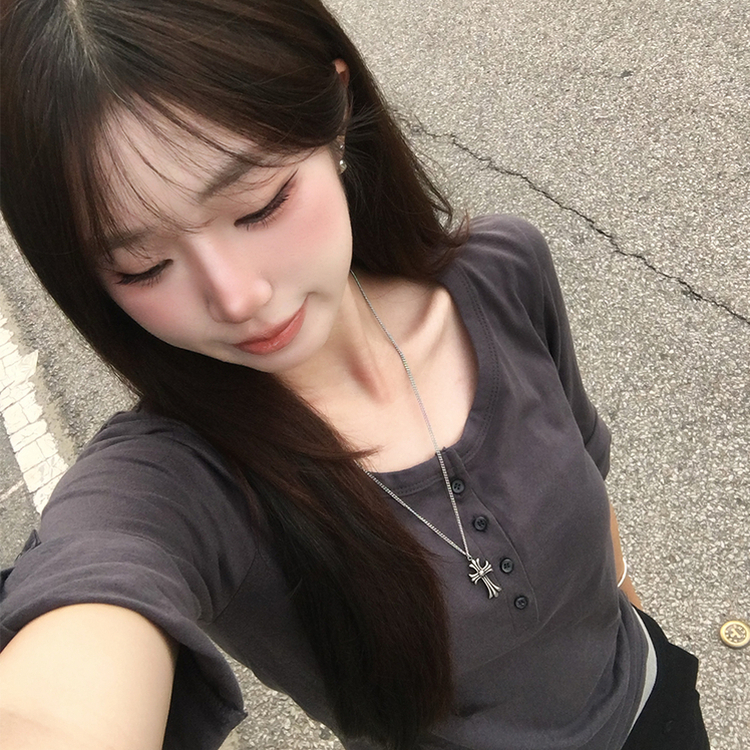 메리 헨리넥 여름 롤업 버튼 7부 반팔 티셔츠 여리핏 버튼 라운드 반팔티 루즈핏 단추 데일리 상의 5color 먹색