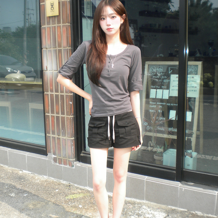 메리 헨리넥 여름 롤업 버튼 7부 반팔 티셔츠 여리핏 버튼 라운드 반팔티 루즈핏 단추 데일리 상의 5color 먹색