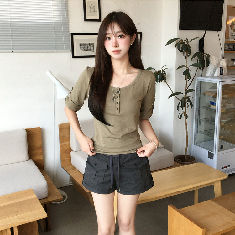 메리 헨리넥 여름 롤업 버튼 7부 반팔 티셔츠 여리핏 버튼 라운드 반팔티 루즈핏 단추 데일리 상의 5color 카키