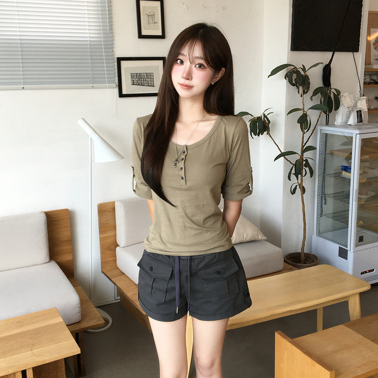 메리 헨리넥 여름 롤업 버튼 7부 반팔 티셔츠 여리핏 버튼 라운드 반팔티 루즈핏 단추 데일리 상의 5color 카키