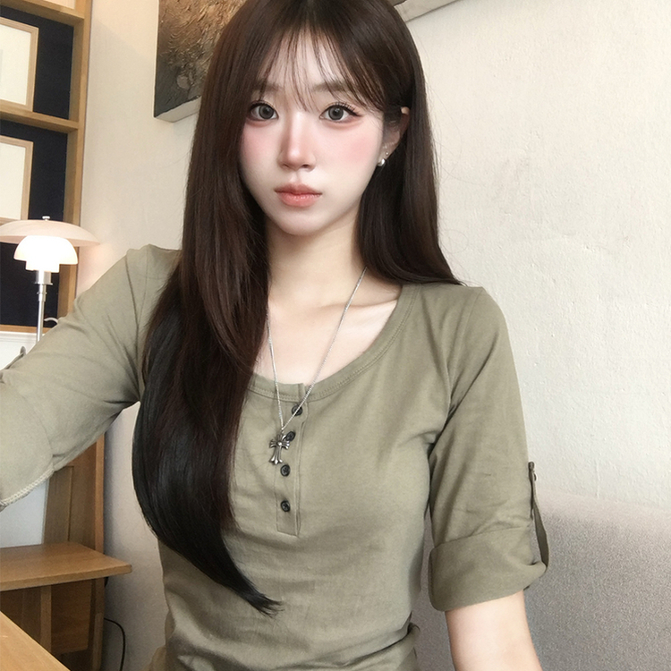 메리 헨리넥 여름 롤업 버튼 7부 반팔 티셔츠 여리핏 버튼 라운드 반팔티 루즈핏 단추 데일리 상의 5color 카키
