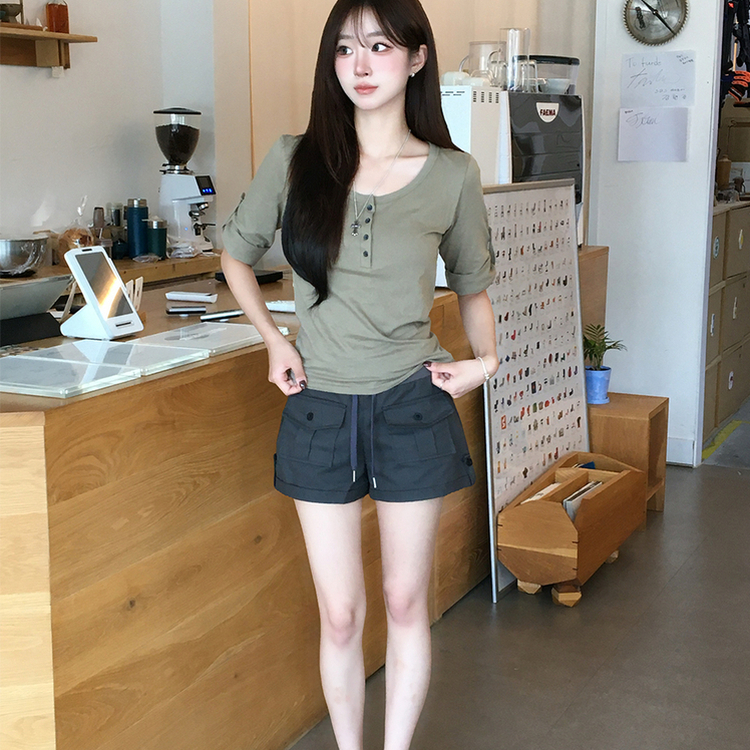 메리 헨리넥 여름 롤업 버튼 7부 반팔 티셔츠 여리핏 버튼 라운드 반팔티 루즈핏 단추 데일리 상의 5color 카키