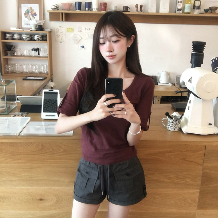메리 헨리넥 여름 롤업 버튼 7부 반팔 티셔츠 여리핏 버튼 라운드 반팔티 루즈핏 단추 데일리 상의 5color 버건디
