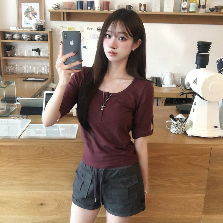 메리 헨리넥 여름 롤업 버튼 7부 반팔 티셔츠 여리핏 버튼 라운드 반팔티 루즈핏 단추 데일리 상의 5color 버건디