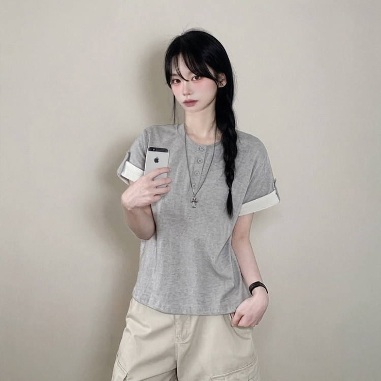 [롤업버튼?/팔뚝소멸핏!] 헨리넥 버튼 루즈핏 롤업 배색 레이어드 반팔티셔츠 메란지
