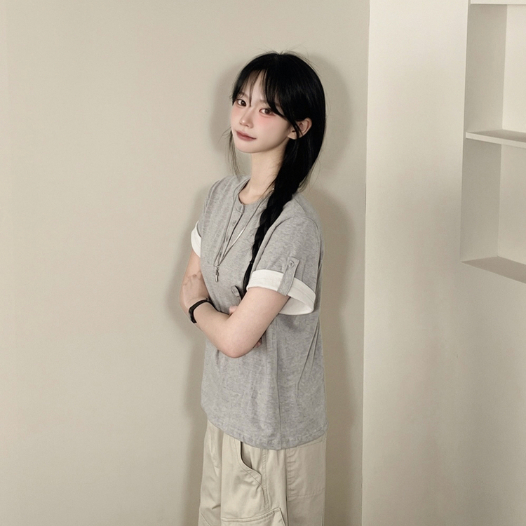 [롤업버튼?/팔뚝소멸핏!] 헨리넥 버튼 루즈핏 롤업 배색 레이어드 반팔티셔츠 메란지