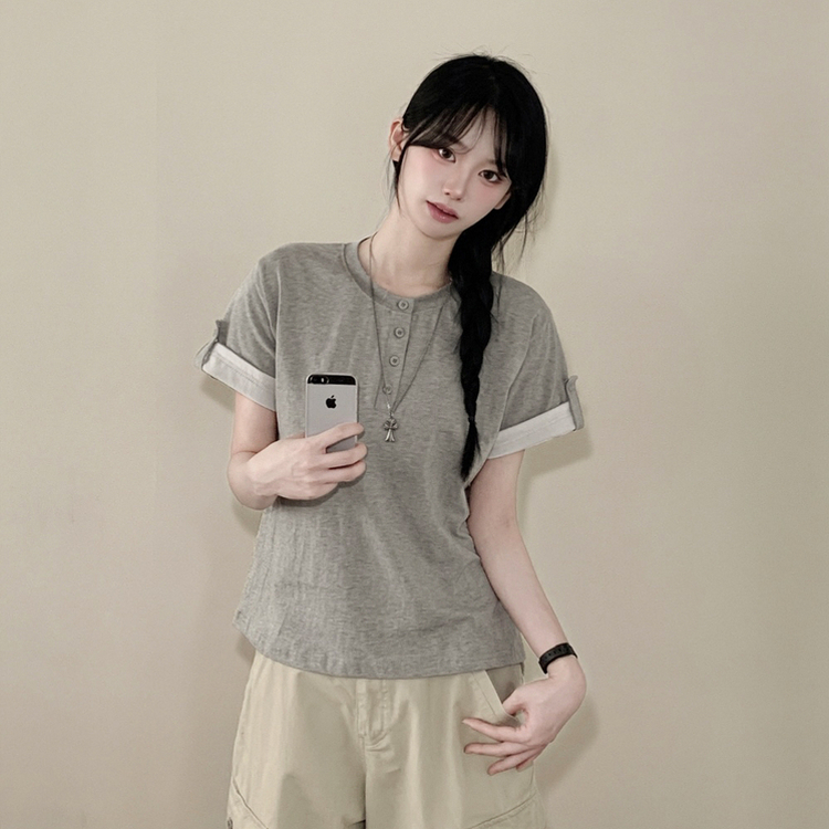[롤업버튼?/팔뚝소멸핏!] 헨리넥 버튼 루즈핏 롤업 배색 레이어드 반팔티셔츠 메란지
