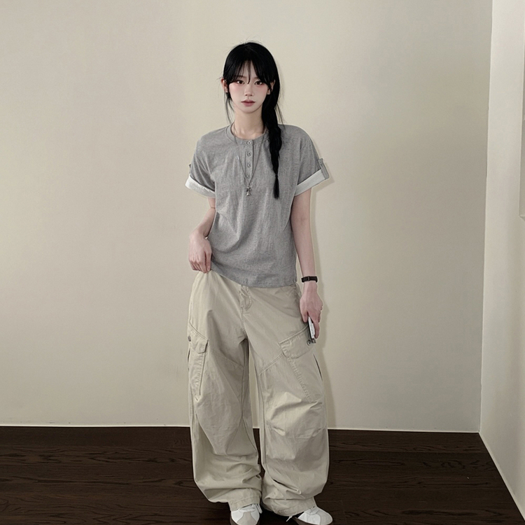 [롤업버튼?/팔뚝소멸핏!] 헨리넥 버튼 루즈핏 롤업 배색 레이어드 반팔티셔츠 메란지