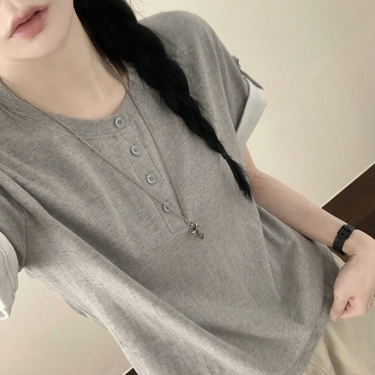 [롤업버튼?/팔뚝소멸핏!] 헨리넥 버튼 루즈핏 롤업 배색 레이어드 반팔티셔츠 메란지