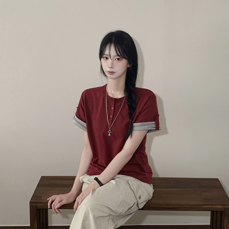 [롤업버튼?/팔뚝소멸핏!] 헨리넥 버튼 루즈핏 롤업 배색 레이어드 반팔티셔츠 와인