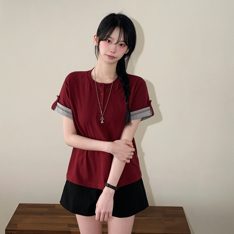 [롤업버튼?/팔뚝소멸핏!] 헨리넥 버튼 루즈핏 롤업 배색 레이어드 반팔티셔츠 와인