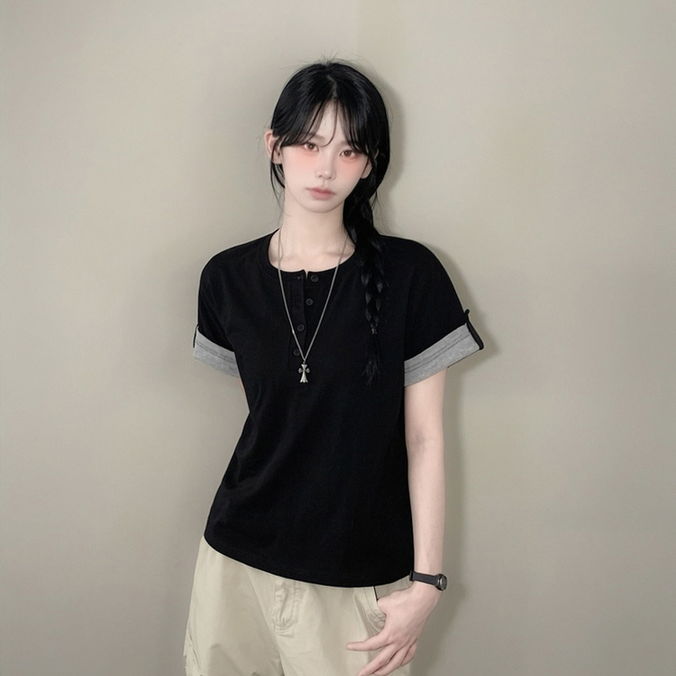 [롤업버튼?/팔뚝소멸핏!] 헨리넥 버튼 루즈핏 롤업 배색 레이어드 반팔티셔츠 블랙