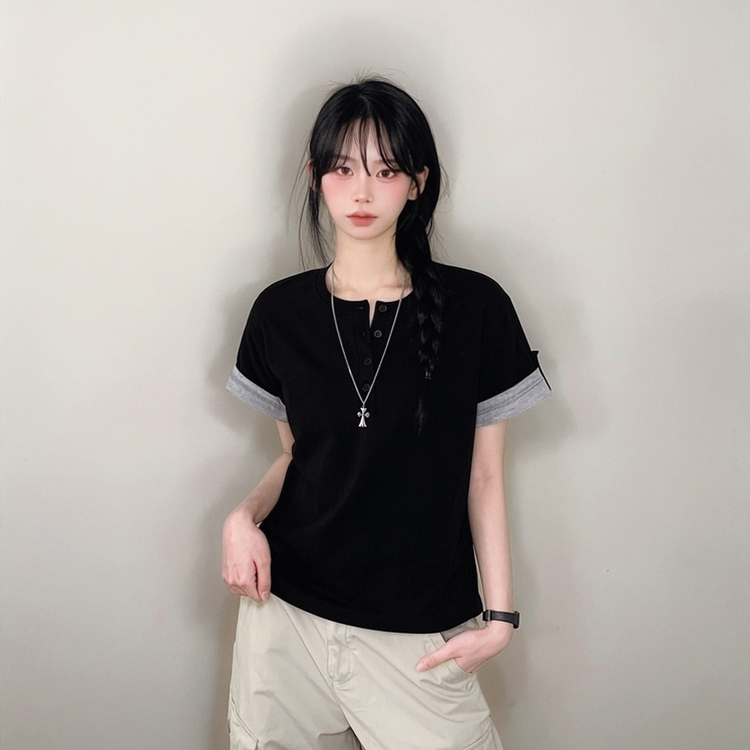 [롤업버튼?/팔뚝소멸핏!] 헨리넥 버튼 루즈핏 롤업 배색 레이어드 반팔티셔츠 블랙