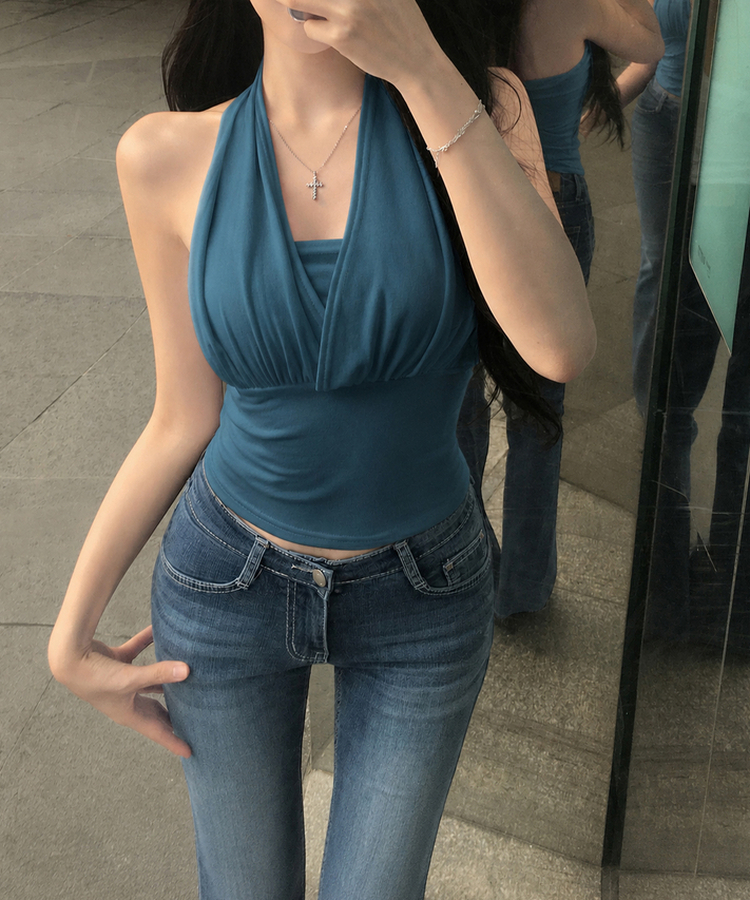 [승모근소멸!/고퀄나시] 오프드 셔링 홀터 나시 민소매 슬리브리스 허리잘록핏 데일리룩 캐주얼 여리핏 말라핏 여름신상 여름나시 휴가 휴양지룩 아쿠아블루