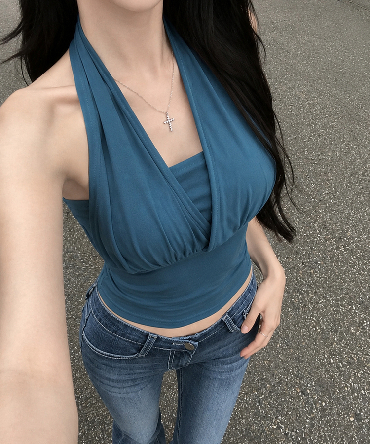 [승모근소멸!/고퀄나시] 오프드 셔링 홀터 나시 민소매 슬리브리스 허리잘록핏 데일리룩 캐주얼 여리핏 말라핏 여름신상 여름나시 휴가 휴양지룩 아쿠아블루