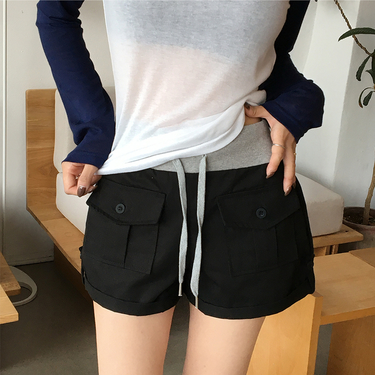 [허벅지널널핏/여름팬츠] 군살커버! 비쥬 여름 허리 밴딩 스트링 롤업 단추 투포켓 반바지, 데일리 스트랩 버튼 숏팬츠 4color 블랙