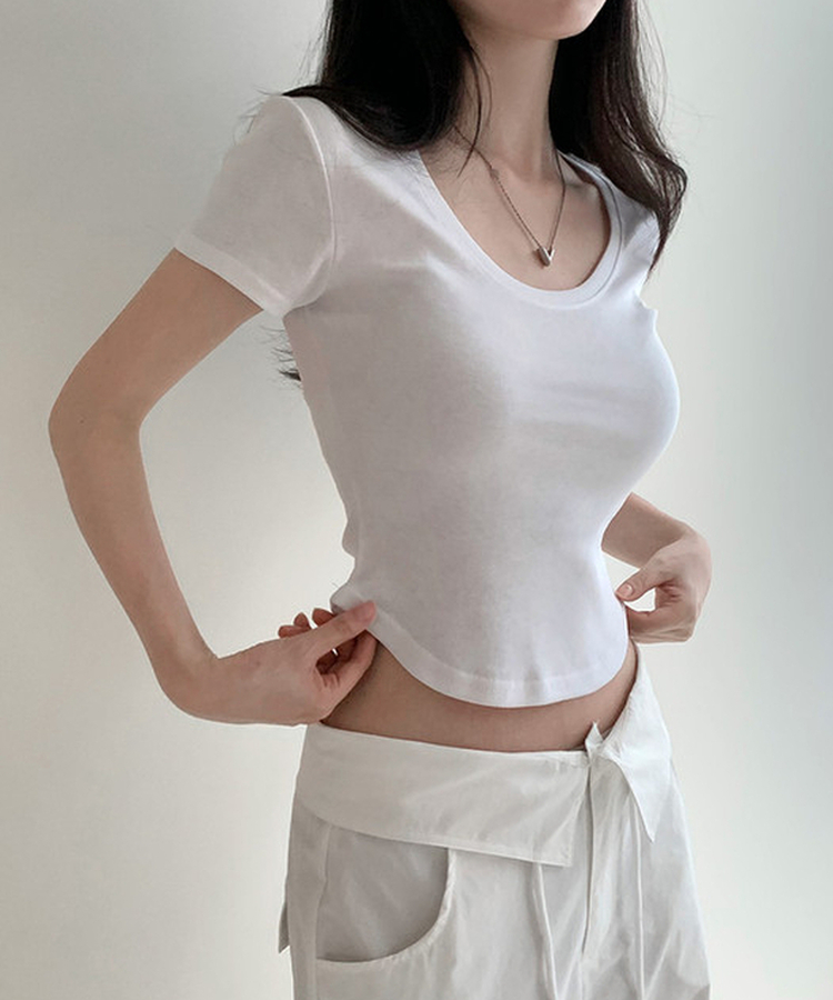 Uネックキャップスリーブ半袖クロップドTシャツ｜半袖Tシャツ｜韓国