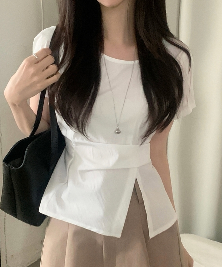코르 리본 스트랩 반팔 블라우스 3color 아이보리