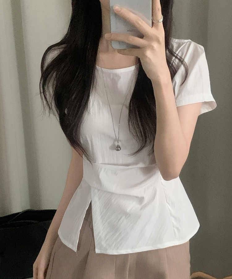 코르 리본 스트랩 반팔 블라우스 3color 아이보리