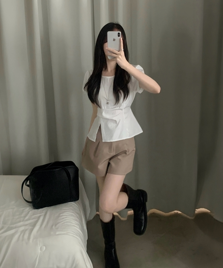 코르 리본 스트랩 반팔 블라우스 3color 아이보리