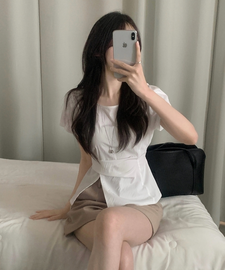 코르 리본 스트랩 반팔 블라우스 3color 아이보리