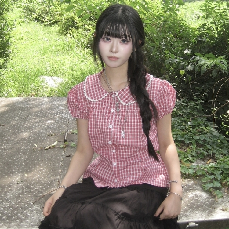 이치고 둥근카라 레이스 허리잘록 핀턱 반팔블라우스 레드