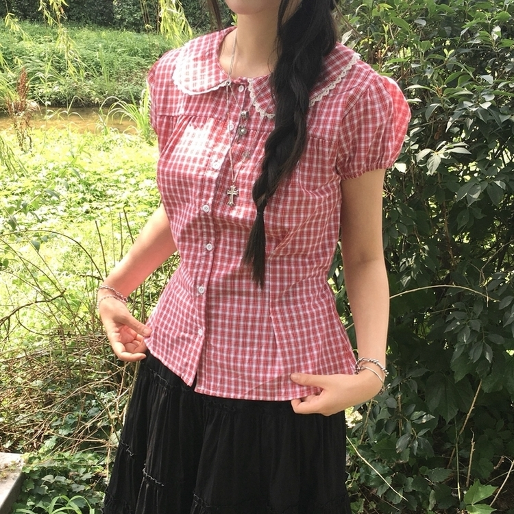 이치고 둥근카라 레이스 허리잘록 핀턱 반팔블라우스 레드