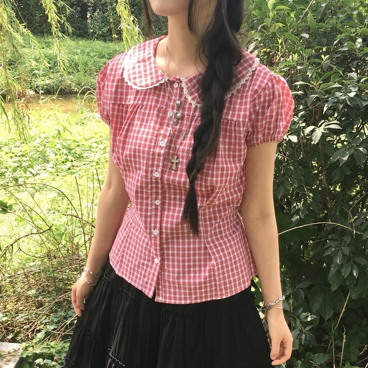 이치고 둥근카라 레이스 허리잘록 핀턱 반팔블라우스 레드