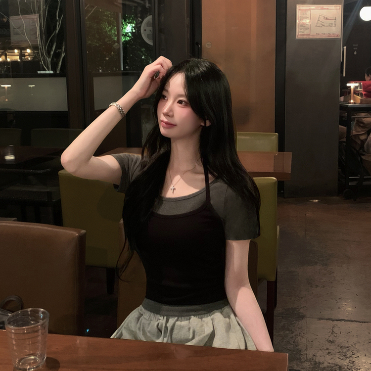 홀터넥 끈나시 유넥 슬림핏 여름 반팔티셔츠 레이어드 투피스 세트 블랙