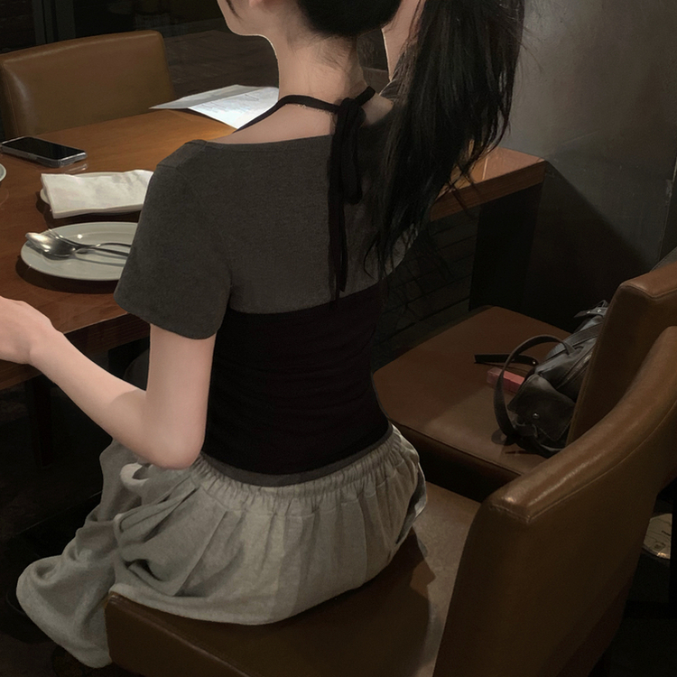 홀터넥 끈나시 유넥 슬림핏 여름 반팔티셔츠 레이어드 투피스 세트 블랙