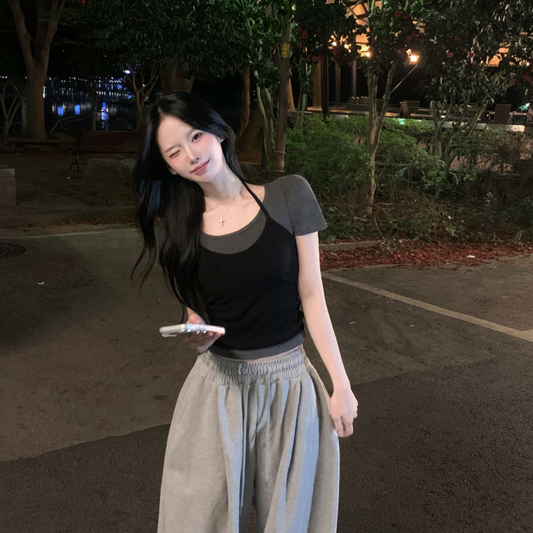 홀터넥 끈나시 유넥 슬림핏 여름 반팔티셔츠 레이어드 투피스 세트 블랙