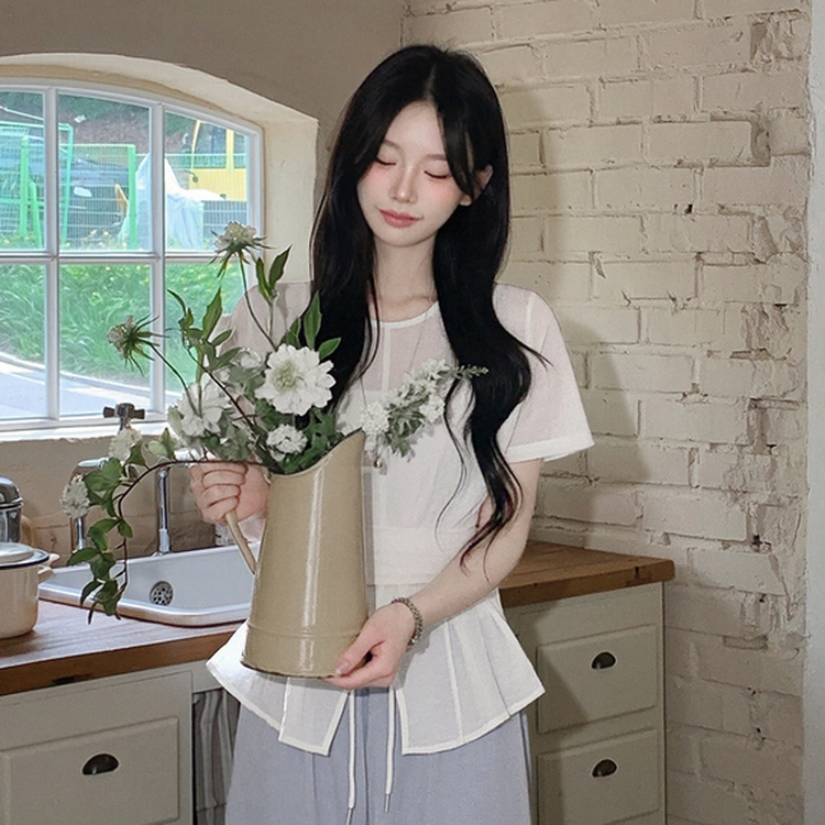 허리스트랩 라운드 트임 슬릿 허리잘록 반팔 실켓 여름 블라우스 아이보리