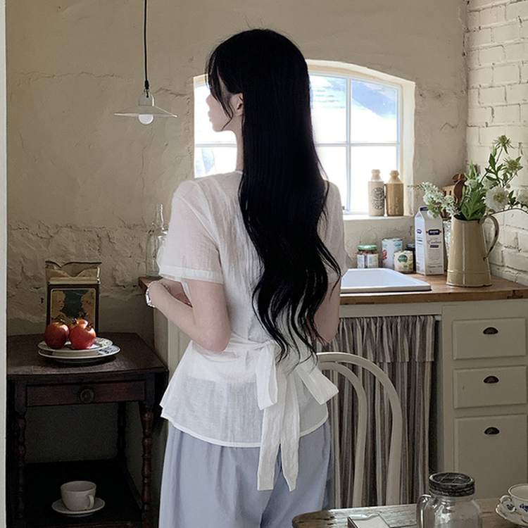 허리스트랩 라운드 트임 슬릿 허리잘록 반팔 실켓 여름 블라우스 아이보리
