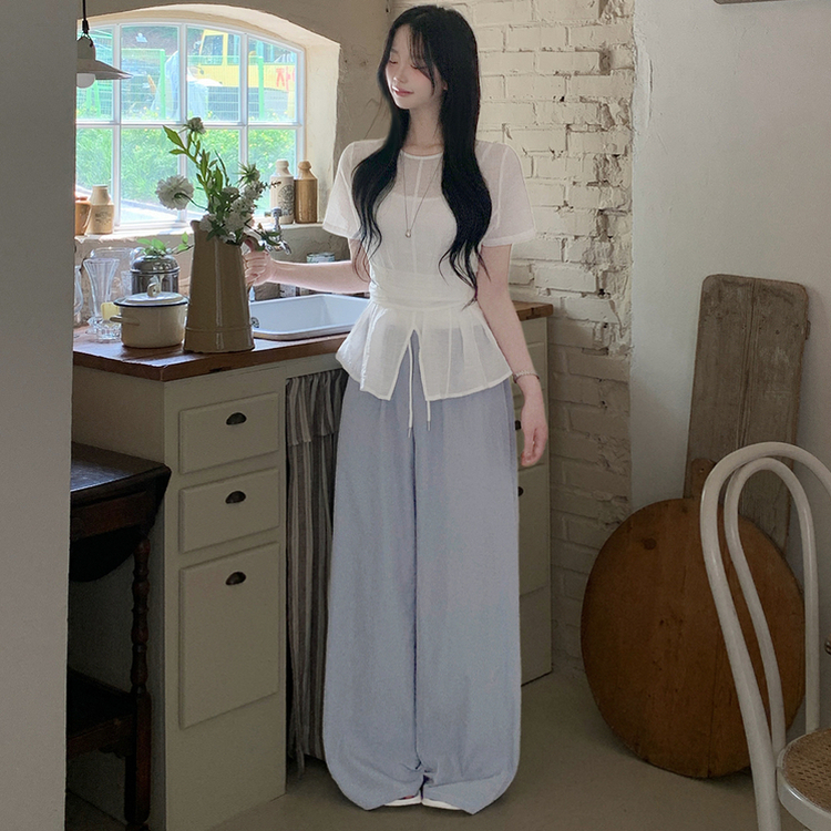 허리스트랩 라운드 트임 슬릿 허리잘록 반팔 실켓 여름 블라우스 아이보리