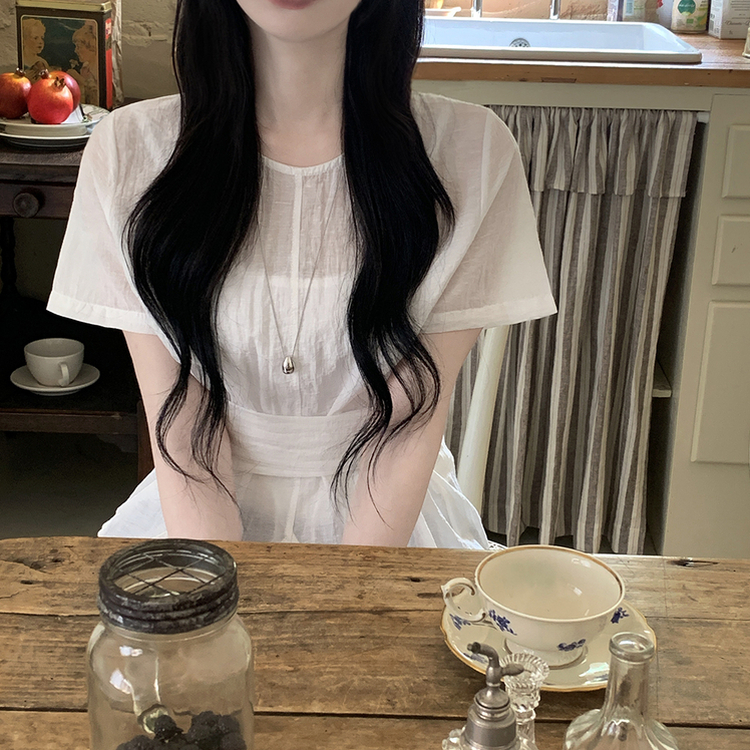 허리스트랩 라운드 트임 슬릿 허리잘록 반팔 실켓 여름 블라우스 아이보리