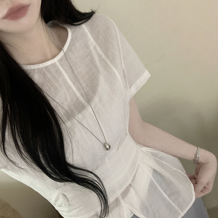허리스트랩 라운드 트임 슬릿 허리잘록 반팔 실켓 여름 블라우스 아이보리