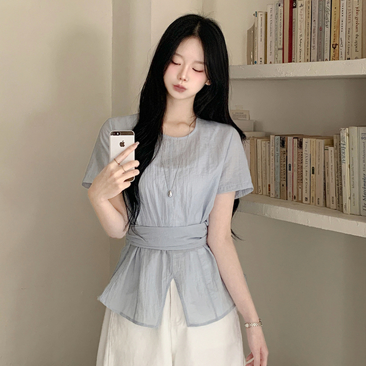 허리스트랩 라운드 트임 슬릿 허리잘록 반팔 실켓 여름 블라우스 소라