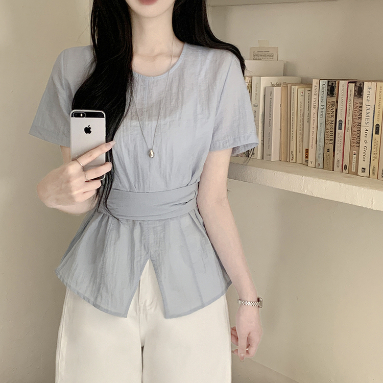 허리스트랩 라운드 트임 슬릿 허리잘록 반팔 실켓 여름 블라우스 소라