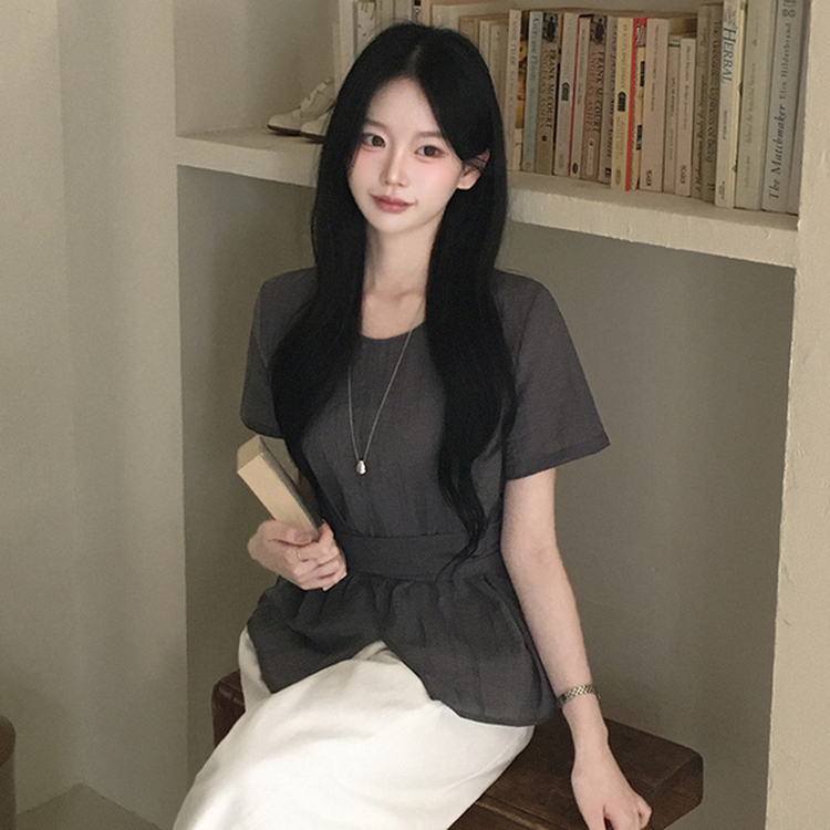 허리스트랩 라운드 트임 슬릿 허리잘록 반팔 실켓 여름 블라우스 그레이