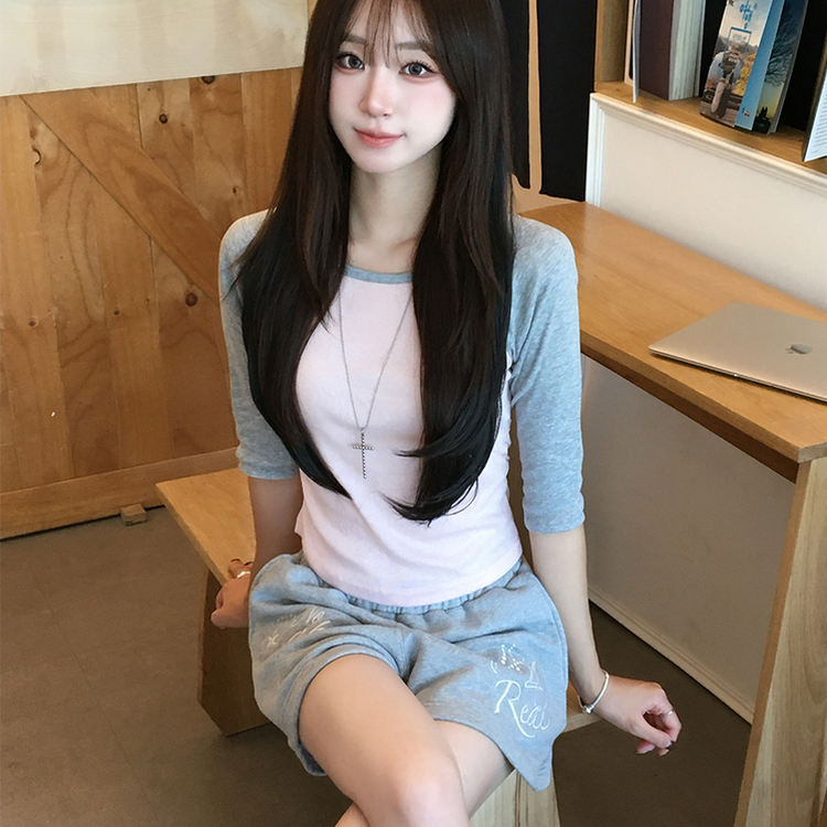 [7부기장/얇은소재감~] 한여름까지, 꾸안꾸 종결 스머프 라운드 나그랑 배색 여름 반팔 7부 긴팔 티셔츠, 데일리 긴팔티, 레이어드 배색 상의, 세미 크롭 반팔티 4color 메란지그레이