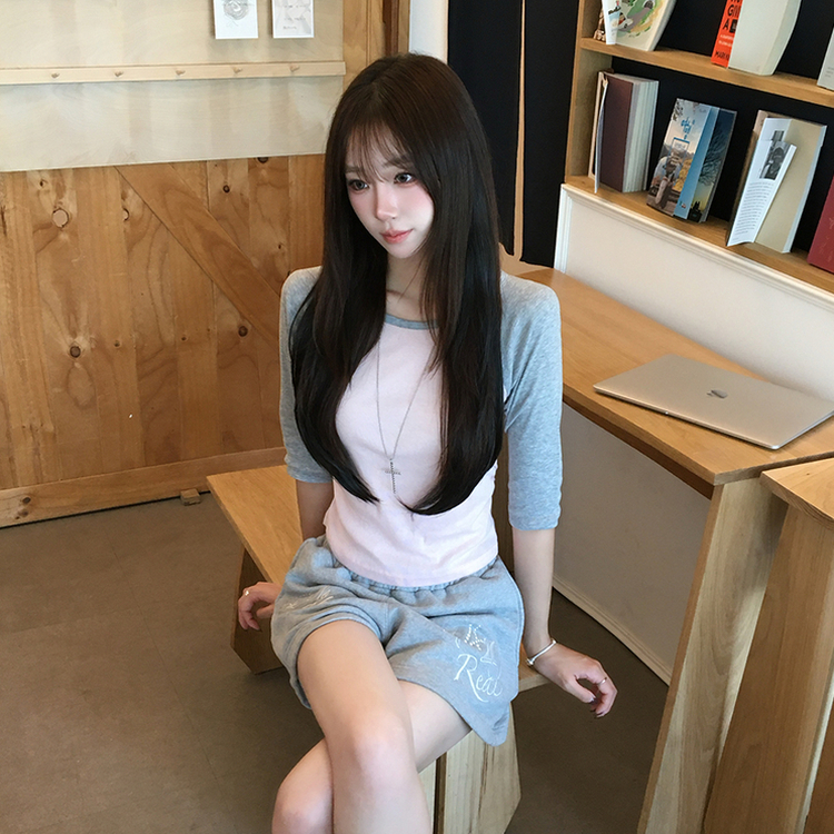 [7부기장/얇은소재감~] 한여름까지, 꾸안꾸 종결 스머프 라운드 나그랑 배색 여름 반팔 7부 긴팔 티셔츠, 데일리 긴팔티, 레이어드 배색 상의, 세미 크롭 반팔티 4color 메란지그레이
