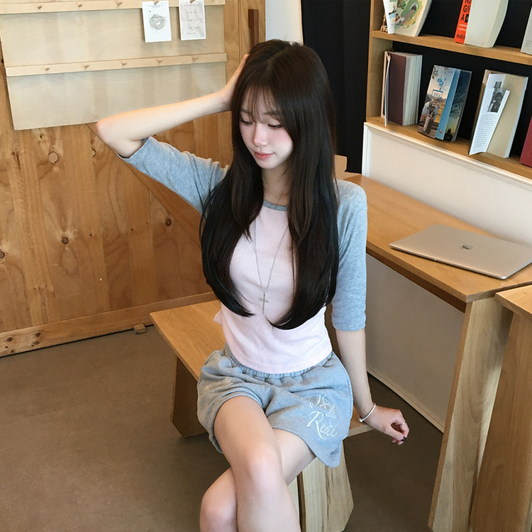 [7부기장/얇은소재감~] 한여름까지, 꾸안꾸 종결 스머프 라운드 나그랑 배색 여름 반팔 7부 긴팔 티셔츠, 데일리 긴팔티, 레이어드 배색 상의, 세미 크롭 반팔티 4color 메란지그레이