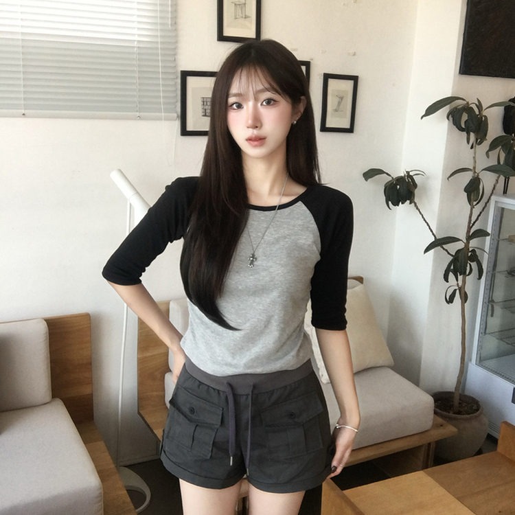 [7부기장/얇은소재감~] 한여름까지, 꾸안꾸 종결 스머프 라운드 나그랑 배색 여름 반팔 7부 긴팔 티셔츠, 데일리 긴팔티, 레이어드 배색 상의, 세미 크롭 반팔티 4color 블랙