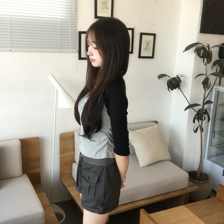 [7부기장/얇은소재감~] 한여름까지, 꾸안꾸 종결 스머프 라운드 나그랑 배색 여름 반팔 7부 긴팔 티셔츠, 데일리 긴팔티, 레이어드 배색 상의, 세미 크롭 반팔티 4color 블랙