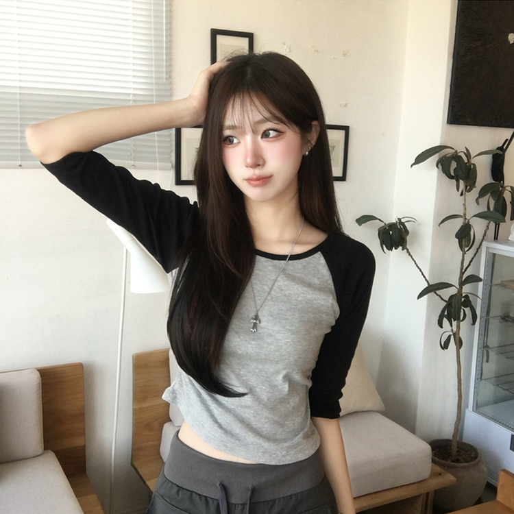 [7부기장/얇은소재감~] 한여름까지, 꾸안꾸 종결 스머프 라운드 나그랑 배색 여름 반팔 7부 긴팔 티셔츠, 데일리 긴팔티, 레이어드 배색 상의, 세미 크롭 반팔티 4color 블랙