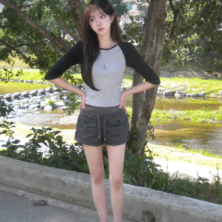 [7부기장/얇은소재감~] 한여름까지, 꾸안꾸 종결 스머프 라운드 나그랑 배색 여름 반팔 7부 긴팔 티셔츠, 데일리 긴팔티, 레이어드 배색 상의, 세미 크롭 반팔티 4color 블랙