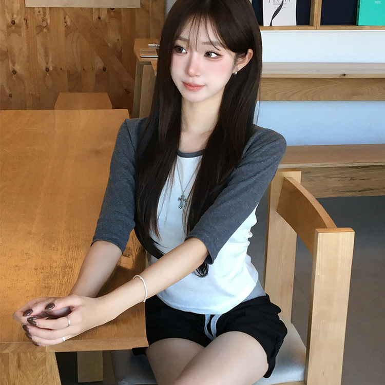 [7부기장/얇은소재감~] 한여름까지, 꾸안꾸 종결 스머프 라운드 나그랑 배색 여름 반팔 7부 긴팔 티셔츠, 데일리 긴팔티, 레이어드 배색 상의, 세미 크롭 반팔티 4color 차콜